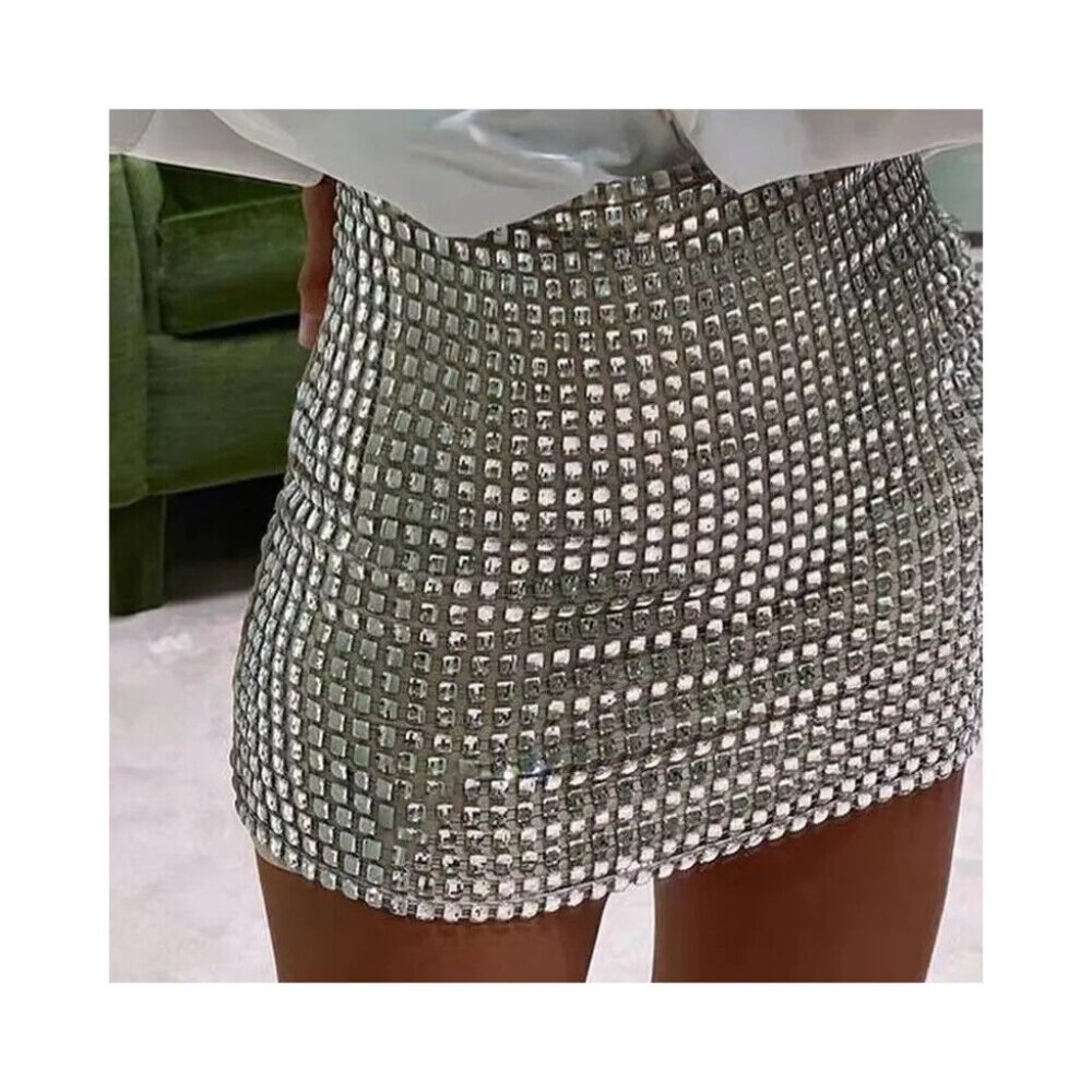 Silver Sequin Mini Skirt High Rise Clubwear Dancewear Stretchy Sizes S M L - Picture 5 of 12